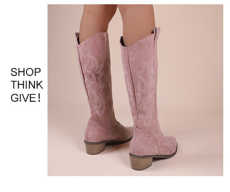 Embroidered Western Cowboy Boots for Women Autumn Pointed Toe Thick Heel High Knee Boots Woman Loose PU Leather Long Botas Mujer