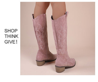 Embroidered Western Cowboy Boots for Women Autumn Pointed Toe Thick Heel High Knee Boots Woman Loose PU Leather Long Botas Mujer