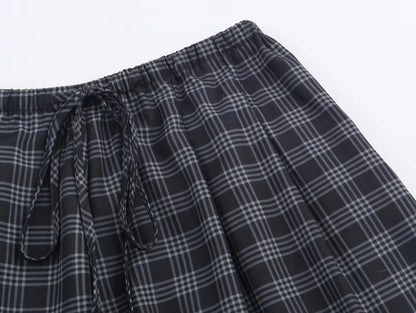 Women's 2025 Autumn Fashion Versatile Ramie Bloomers Plaid Printed Loose Pants Female High-Waist Drawstring Casual Trousers