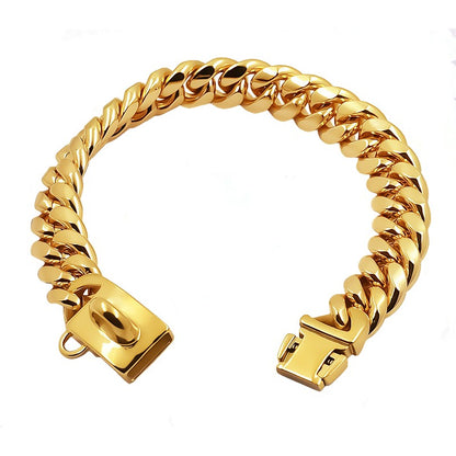 Coleira de Metal para Cães Aço Inoxidável Choker para Pets Corrente Cubana Dourada 14mm de Largura Guia para Cães Pequenos, Médios e Grandes Acessórios para Pets