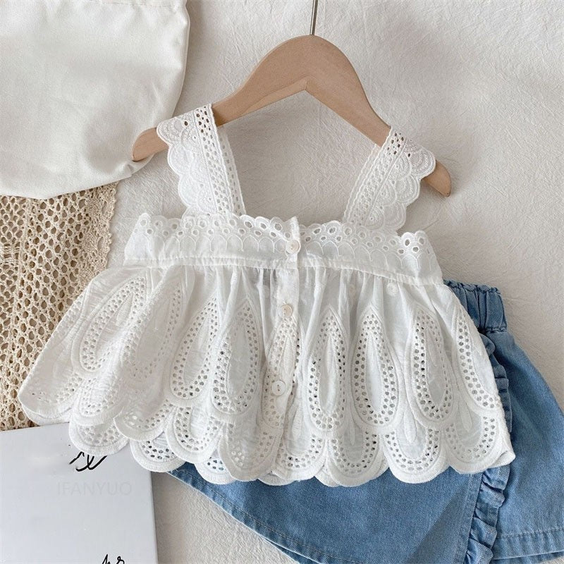 Girls Children Outfit Sets Summer Kids Clothes Lace Edge Pure White Baby Girl Casual White Hollow Vest Top Suspender+Denim Skirt