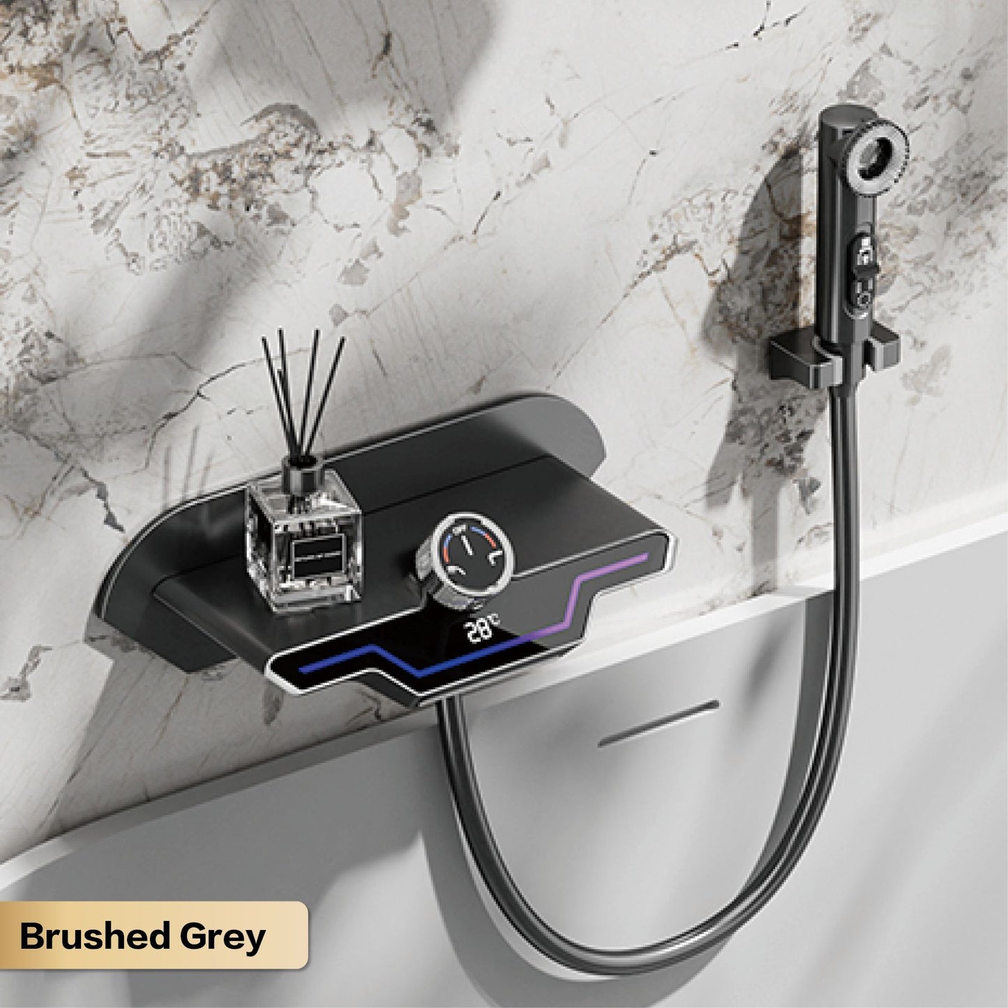 Luxury black brass wall mounted thermostatic bathroom faucet with LED digital display design, embedded hot and cold bathtub Tap