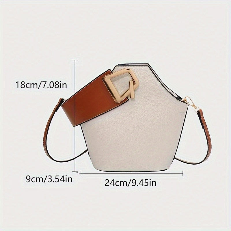 French-Inspired Elegant Beige Bucket Bag. Large Capacity, Golden Lock & Adjustable Strap. Perfect for Work, Travel & Daily Use.