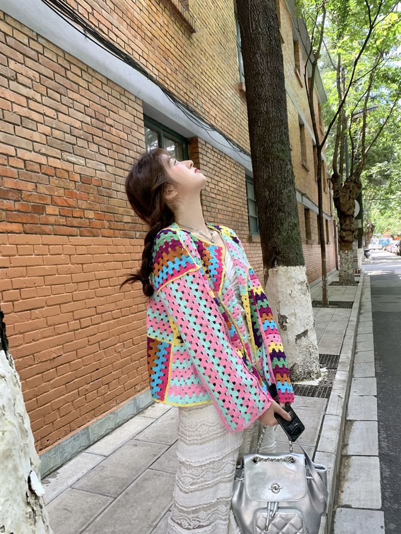 SALIENCY Colorful Crochet Knit Hollow Cardigan Sweater Jacket Women Spring Top Loose Short Knitwear