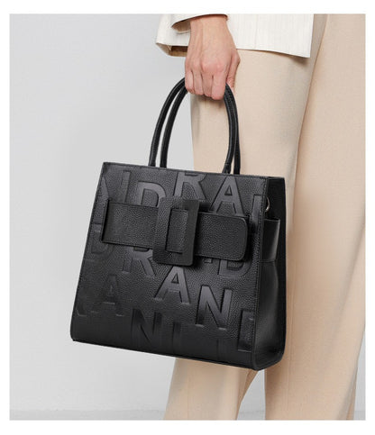 Aidrani women's large capacity handbag with letter print design, made of cowhide material, black