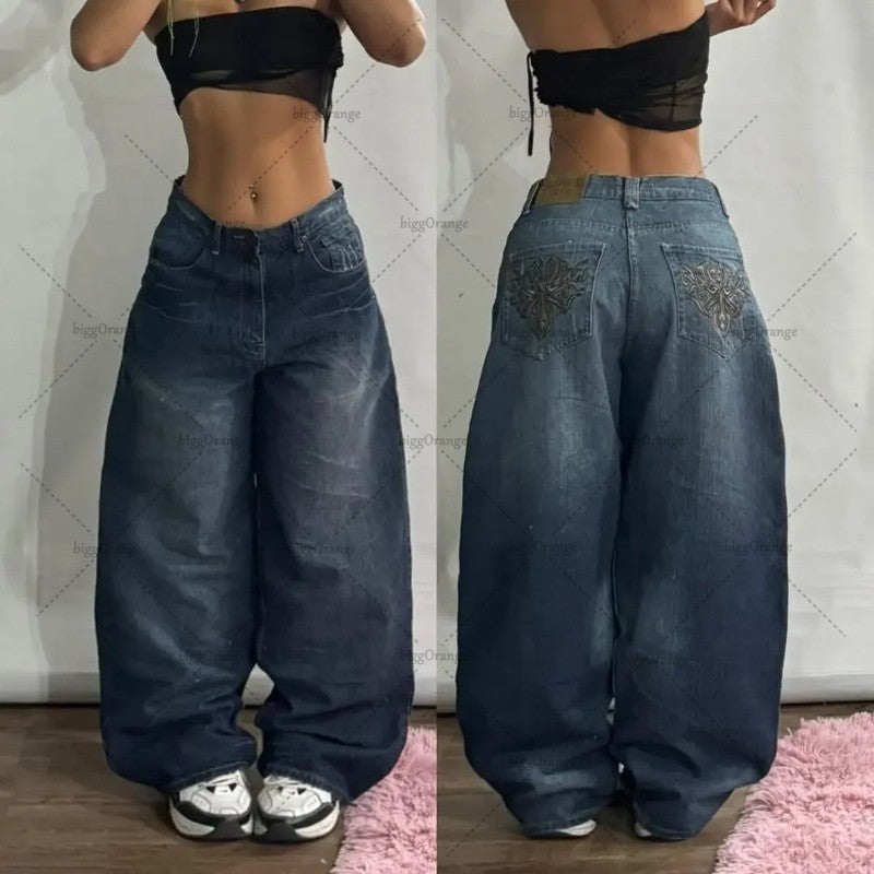 American Y2K Street Harajuku Clothing Retro Pattern Embroidery Washing Jeans Hip-hop Personality Trend Versatile Wide-leg Pants