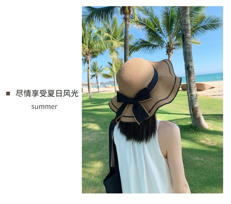 Beach HatJapanese Everything Hairy Edge Straw Hat Female Summer dome  Top Outing Sun Hat Small Fresh Bow Sun Shade Beach Hat