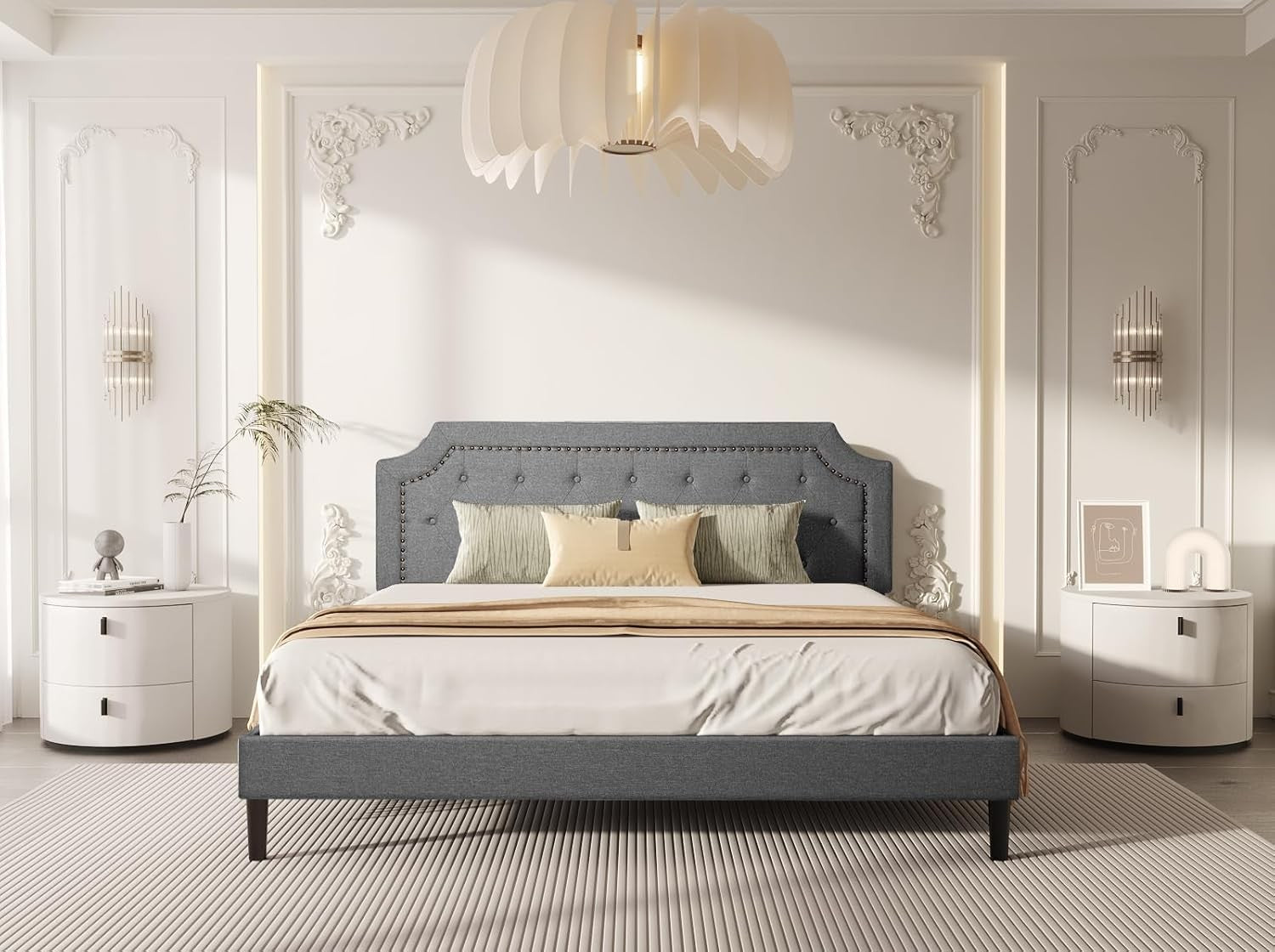 Full Size Grey Color Bed Frame Upholstered Low Profile Traditional Platform with Tufted and Nail Headboard/No Box Spring