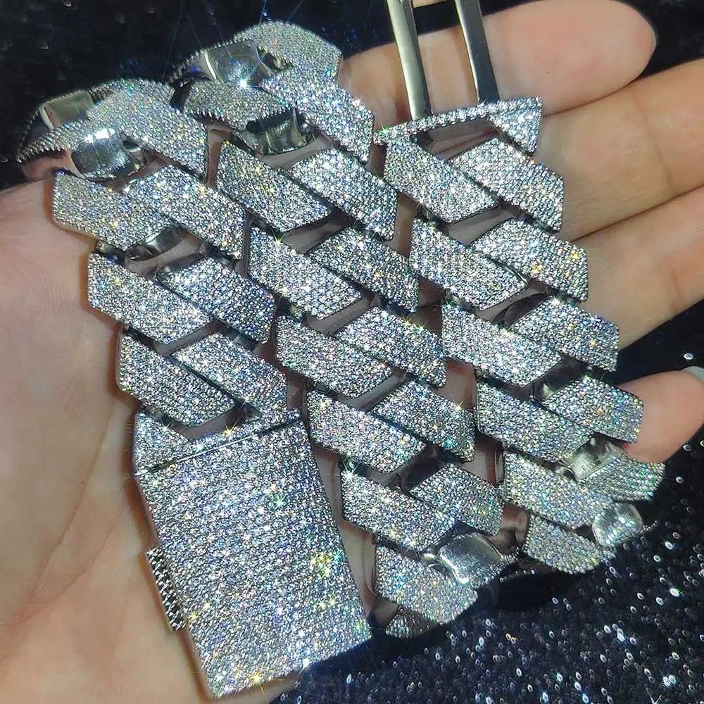 Colar Masculino/Feminino Folheado a Ouro Branco/18k com Corrente Cubana Grossa de 15mm com Duas Fileiras de Zircônias Cravejadas, Joia de Hip Hop com Zircônias Cravejadas, Presente