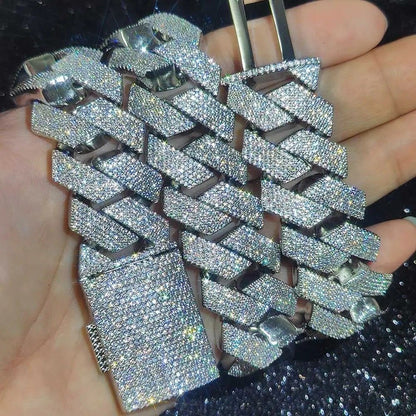 Colar Masculino/Feminino Folheado a Ouro Branco/18k com Corrente Cubana Grossa de 15mm com Duas Fileiras de Zircônias Cravejadas, Joia de Hip Hop com Zircônias Cravejadas, Presente