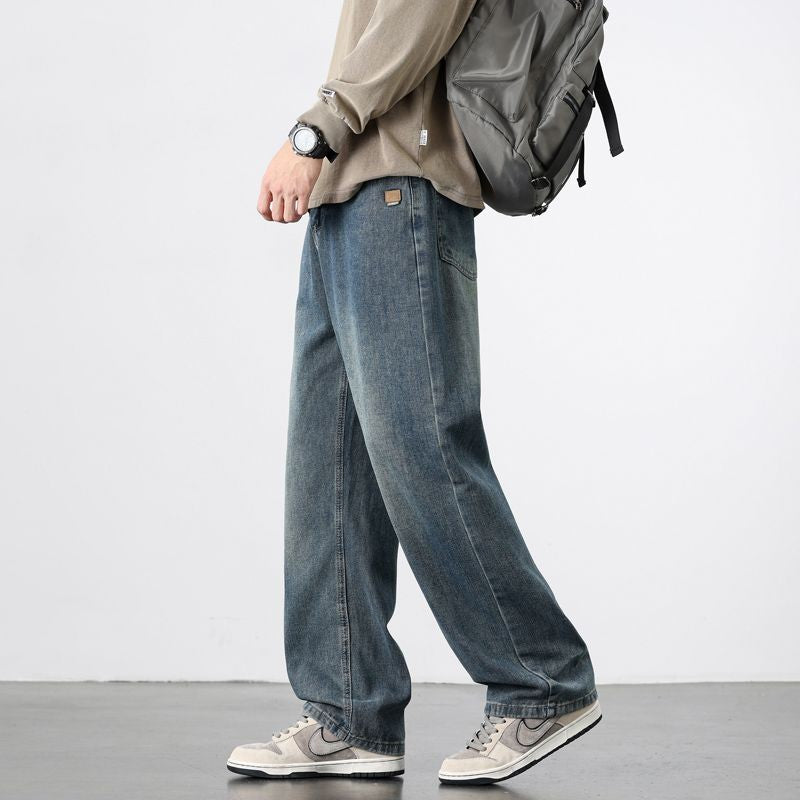 Calça Jeans Masculina Reta Vintage de Primavera Outono Calça Casual de Alta Qualidade Masculina Coreana Moderna Folgada de Perna Larga