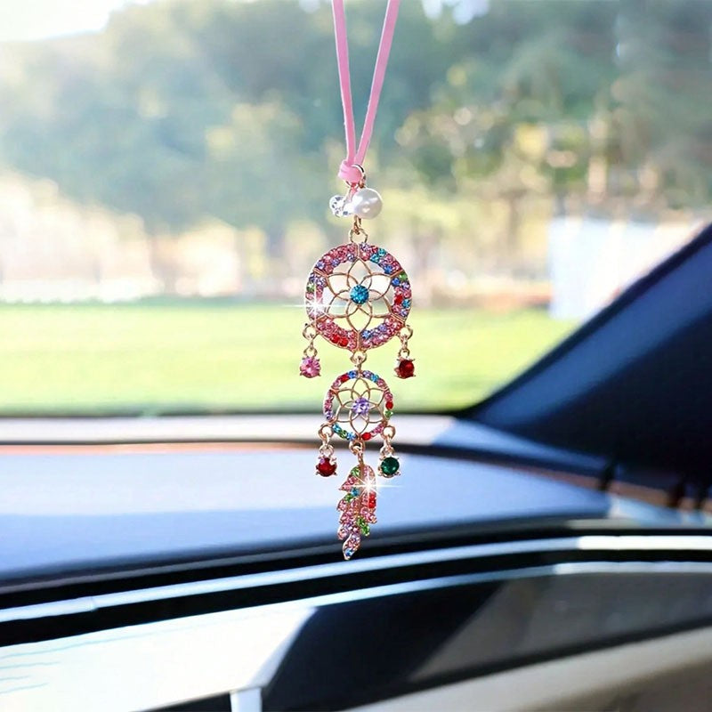 Shining Crystal Pearl Feather Dream Catcher Car Ornament – Elegant Hollow Metal w/ Sparkling Crystals Perfect Gift for Women