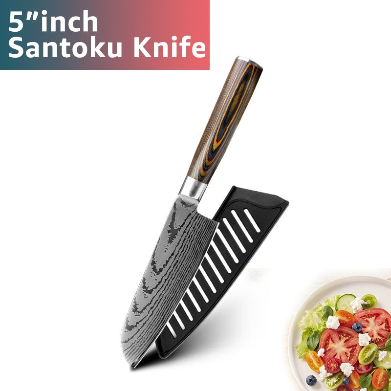 Conjunto de Facas de Cozinha 1-7PÇS Faca de Chef Japonesa Santoku 7CR17 Aço Inoxidável 440C Faca de Imitação de Damasco Cutelo de Carne Fatiador