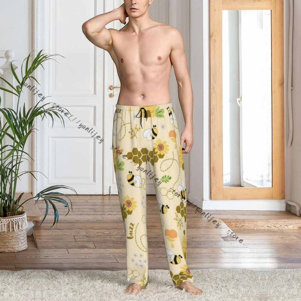 Sweet Honey Cute Bees Hive Flower Mens Pajamas Pyjamas Pants Lounge Pants Sleep Bottoms