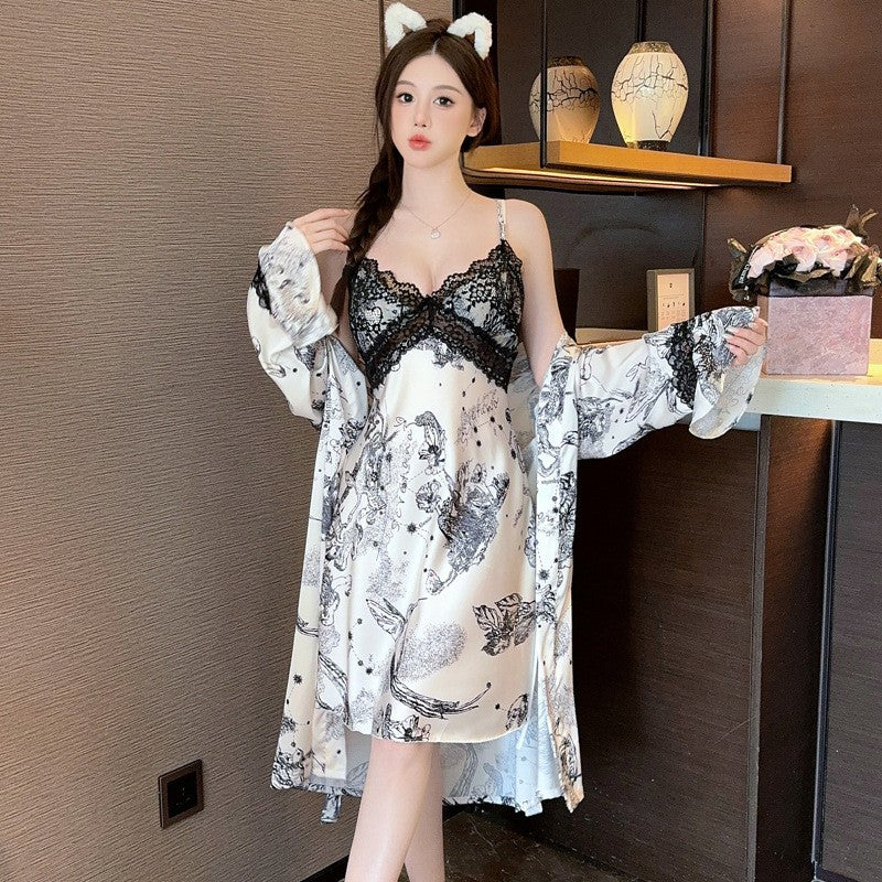 Sexy Nightwear for Women: Premium Ice Silk Strapless Camisole Nightgown Set Pure Desire Nightdress Homewear