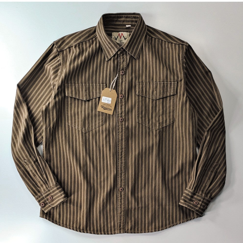 2025 Spring and Autumn New American Retro Woven Striped Cargo Shirt Men's Simple 100% Cotton Washed Double Pockets Thin Jacket