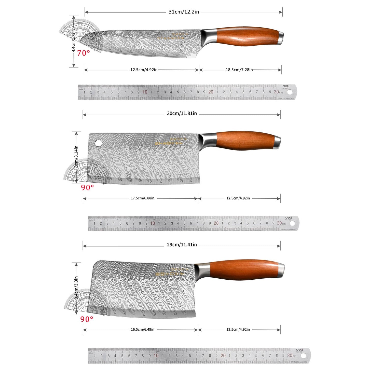 Conjunto de 3 Facas Profissionais de Cozinha Japonesa - Faca do Chef, Faca Multiuso, Cutelo de Carne, Faca para Desossar, Padrão de Aço Damasco