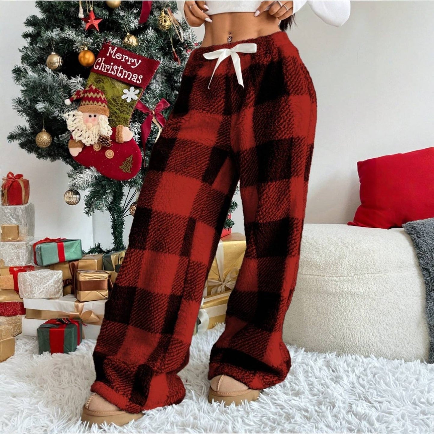 Christmas Elastic Waist Long Pants Women Trousers Wide leg Casual Female Belt Plaid Loose Ankle-Length Home Pants 2YK Pajama