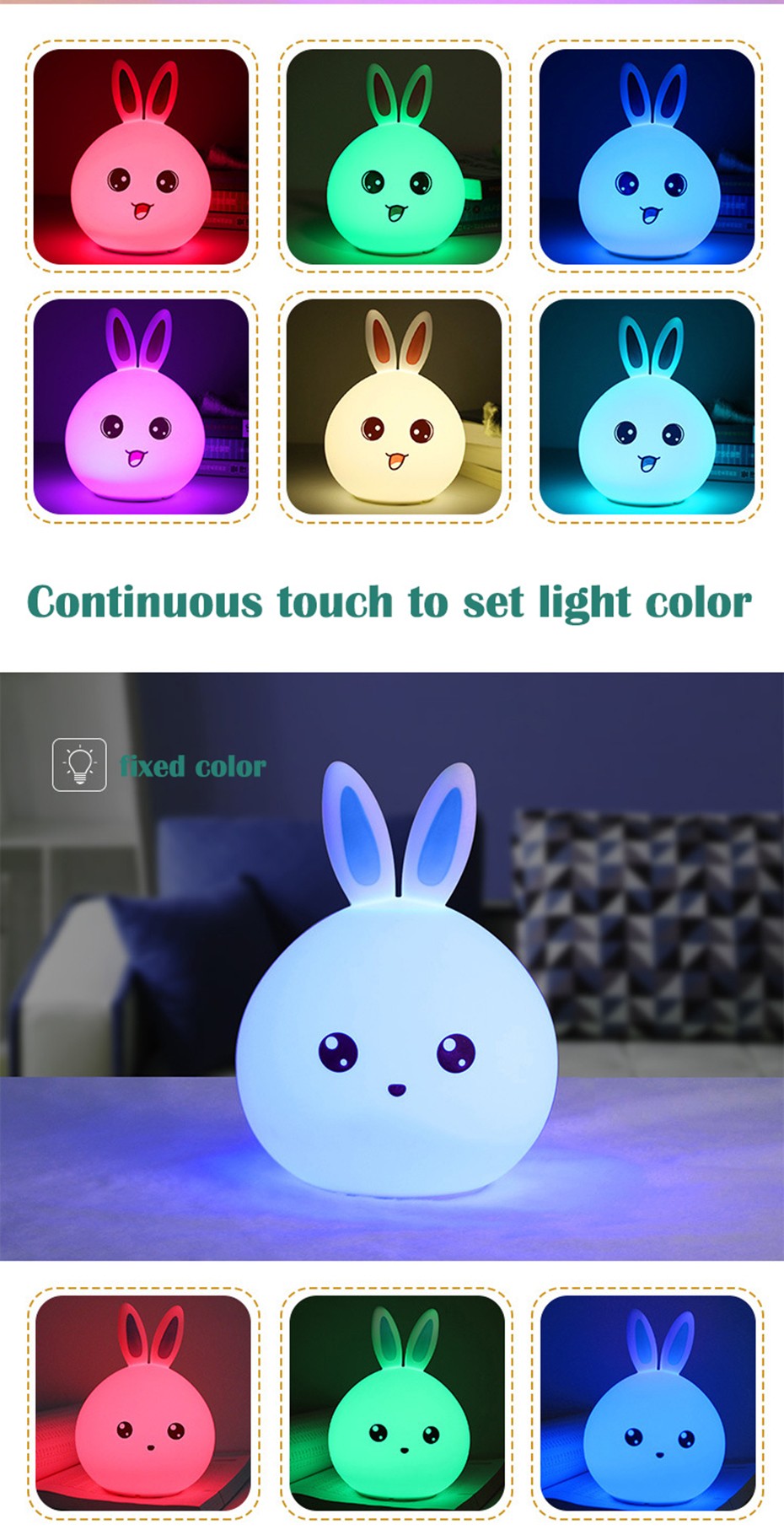 Night Light Cute Rabbit Colorful Light Voice Controlled Clap Lamp Pat Lamp Night Feeding Baby Bedroom and Kid's Christmas Gift