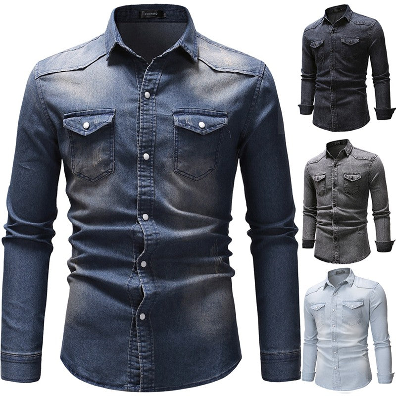 2024 Men's Spring Autumn Casual Shirts Solid Color Long Sleeve Lapel Denim Tops Button Shirts for Party