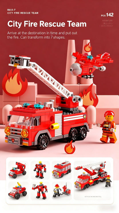 6 in 1 Mega City Building Set - Police Car, Fire Truck, Crane, Tank, Helicopter & More, Construction Engineering Toys Gift