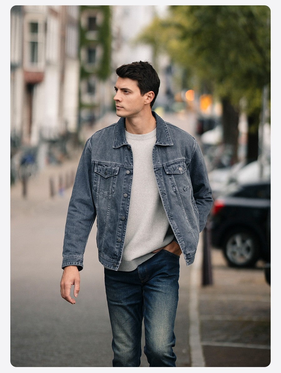 SIMWOOD 2025 Autumn New Oversize 12.5oz Classical Denim Jackets Men Washed Vintage Casual Jacket