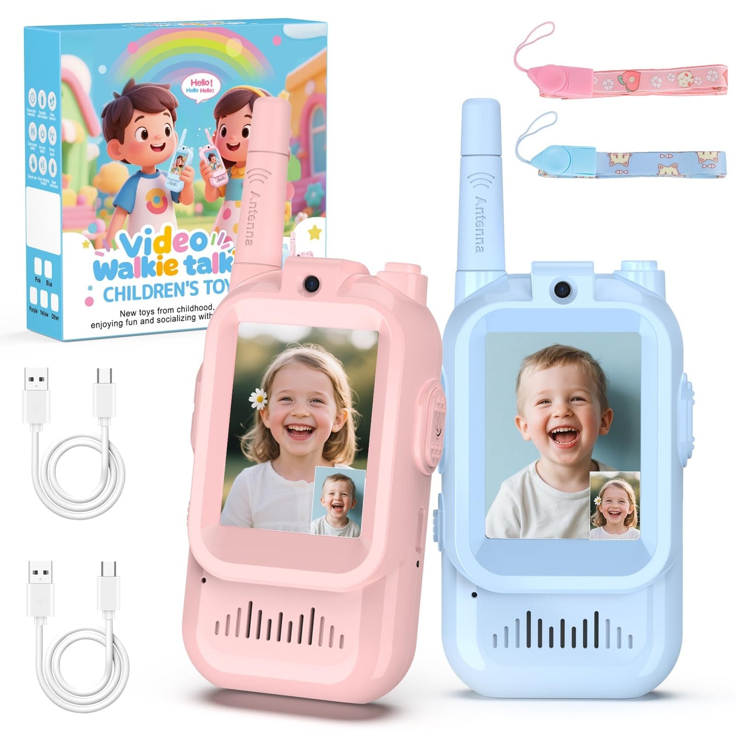 2Pcs Video Walkie Talkies for Kids 2-inch Video Intercom Rechargeable Voice Fonts One-Click Call Cartoon Intercom Toys Gift