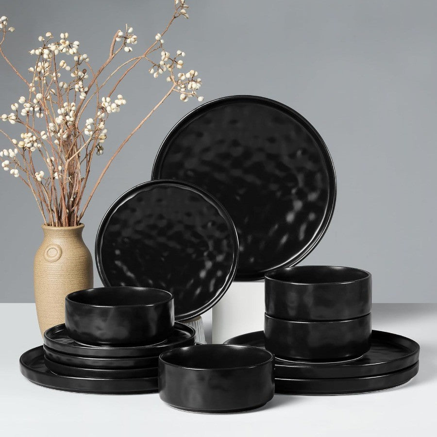 12Piece Stoneware Dinnerware Set for 4 People with Plates and Bowls Matte Black Ceramic Tableware for Home Restaurant Use Chip
