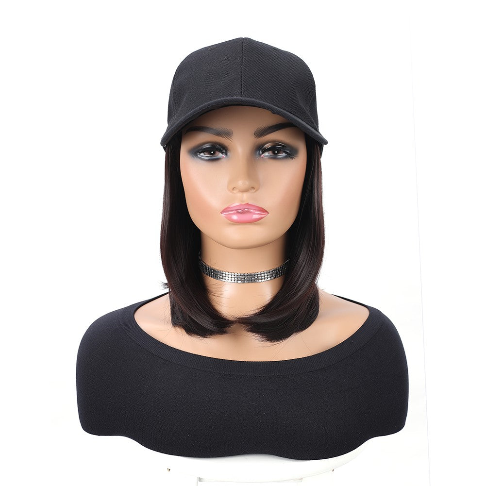 Boné de Beisebol com Extensões de Cabelo Sintético Cabelo Liso Curto Bob Chapéu Peruca Ajustável Removível 25 cm para Mulher Menina