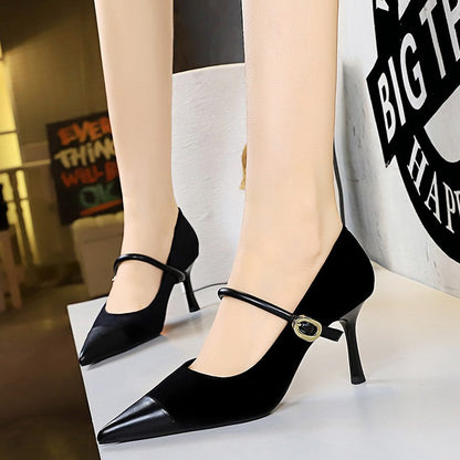 Korean Version Party 10cm 7cm High Heels Women Shoes Thin Heels Velvet Shallow Montage Pointed Toe Metal One-line Buckle Pumps