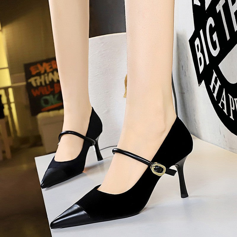 Korean Version Party 10cm 7cm High Heels Women Shoes Thin Heels Velvet Shallow Montage Pointed Toe Metal One-line Buckle Pumps