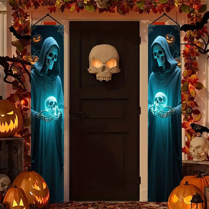 Party Banner,, Halloween Party Decorative Couplets, 2D Hanging Banners with Skeleton Design in Black Robes and Hooded Figures