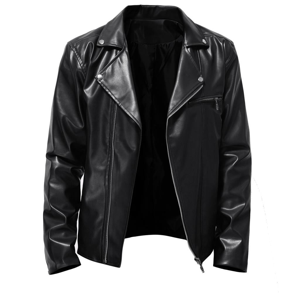 Men's Motorcycle PU Leather Jacket Fashionable Solid Color Slim Fit Zipper Long Sleeved Lapel Leather Jacket Men's Clothing