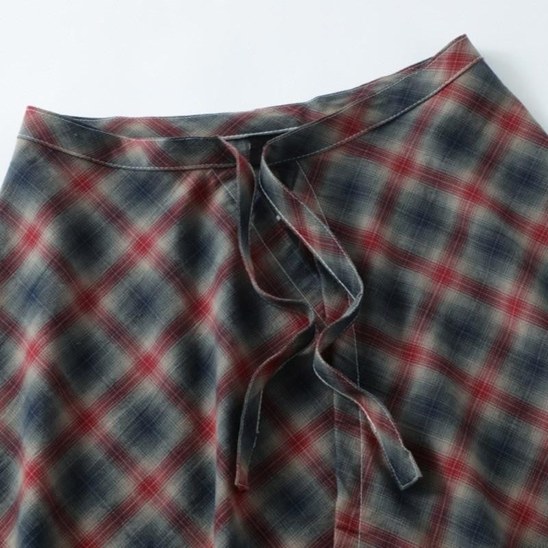 Women Checkered Wrap Skirt Hiphop Streetwear Hip Scarf Tie Up Layered Underskirt 517D
