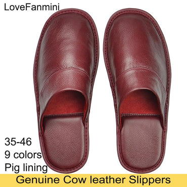 Genuine Cow Leather Slippers Homes in indoor slipper Spring Autumn summer men women elderly non-slip casual single Slides shoes
