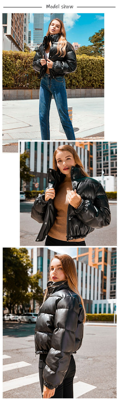 Winter Thick Warm Cropped Puffer Jacket Women Black PU Leather Parkas Elegant Zipper Coat Cotton Padded Punk Outwear 2023