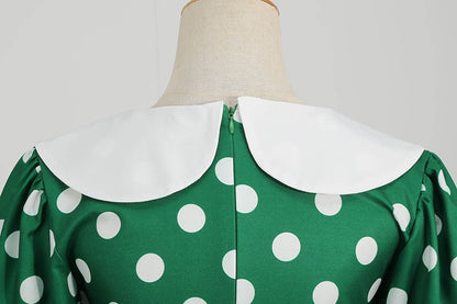 Elegant Women Summer Dress Puff Short Sleeve Polka Dot Peter pan Collar Vintage A-line Midi Long Party Sundress