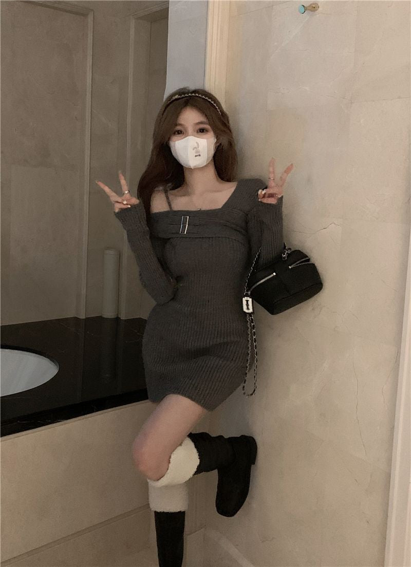 MEXZT Y2K Knitted Mini Dress Women Streetwear Sexy Off Shoulder Sweater A Line Dresses Christmas Party Korean Bodycon Vestidos