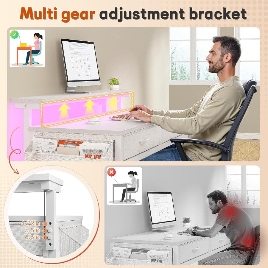 39.4 Inch Computer Desk with 2 Drawers and LED Lights for Small Spaces Home Office Study Writing Table with Side Pocket and Mon