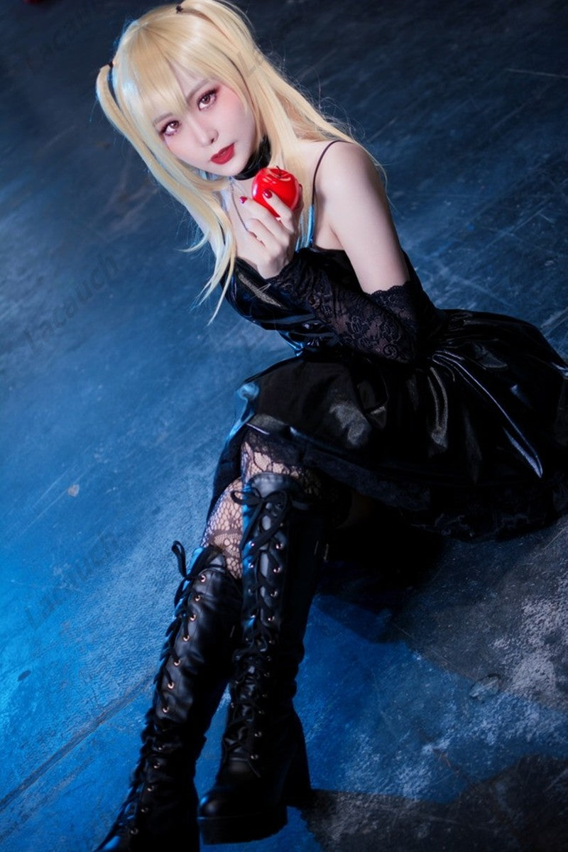 Death Note Cosplay Costume Misa Amane Imitation Leather Sexy Dress +Neck jewelry+stockings+necklace Uniform Outfit Halloween Wig