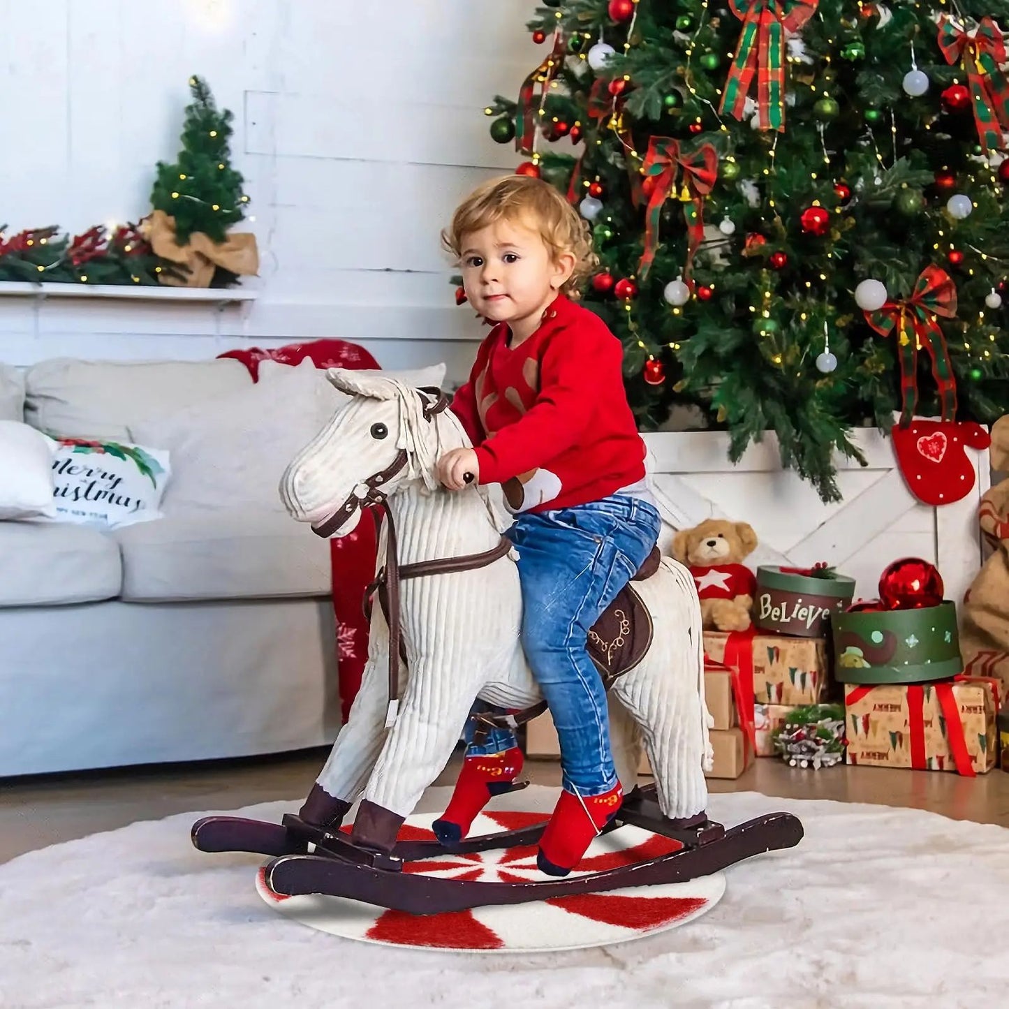 VIAMA Christmas Candy Round Floor Rug - Water-Resistant Anti-Slip Bathroom Mat - Soft Bedroom Carpet - Winter Home Decoration