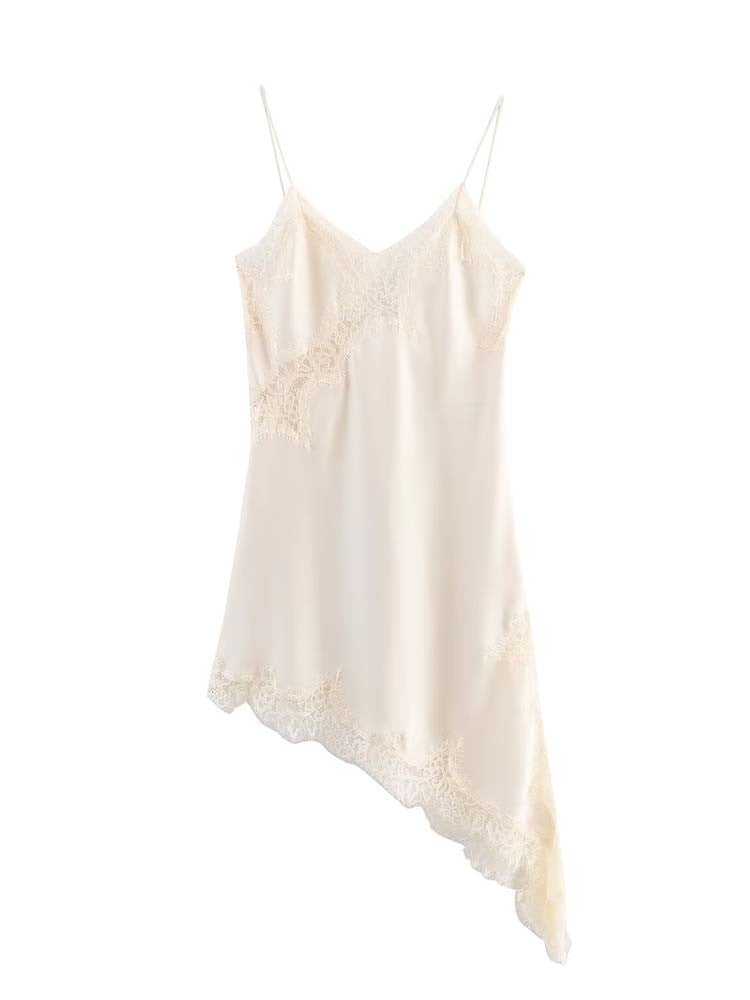 Women Fashion Sexy V-Neck Lace Elegant Halter Dress Asymmetric Hem Dress 2025 Summer New Fashion Holiday Party Beach Dresses