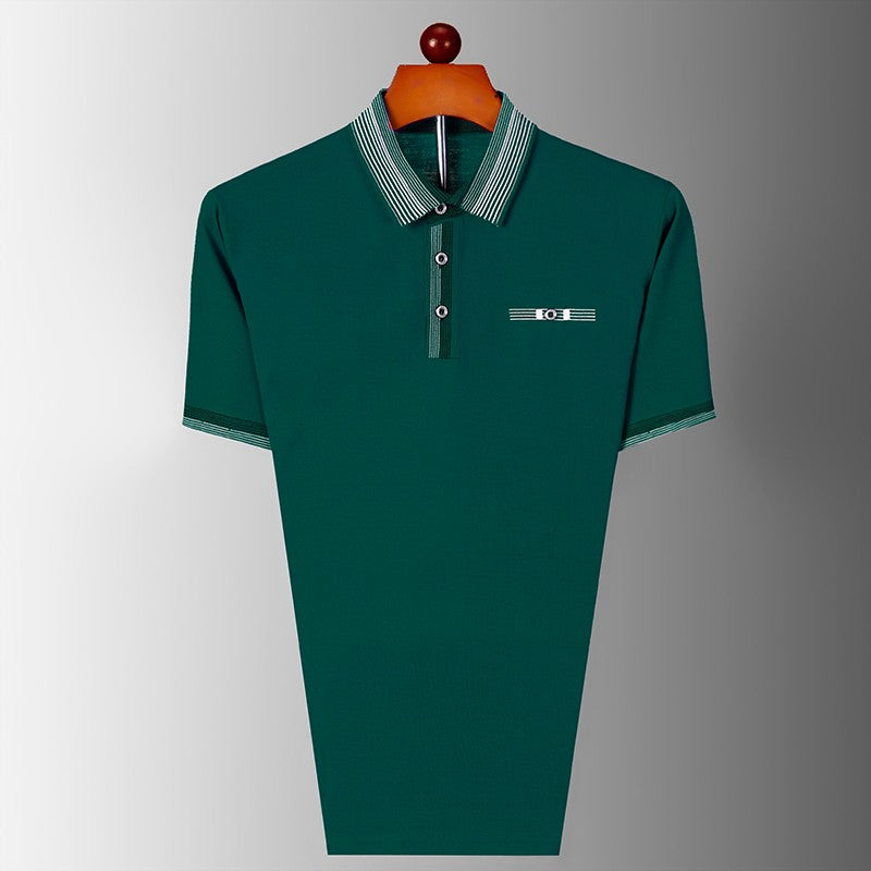 Summer men's short sleeved pure cotton lapel T-shirt polo shirt, middle-aged and elderly loose casual striped T-shirt
