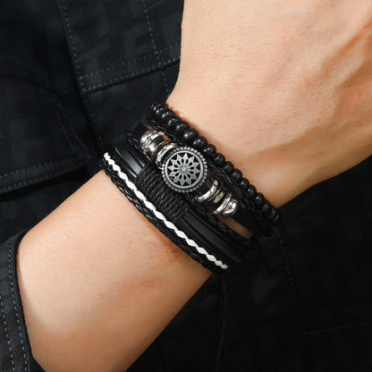 Conjunto de 4 Pulseiras Masculinas Trançadas de Couro com Fecho, Vintage Árvore da Vida Leme, Miçangas de Madeira, Étnicas Tribais, Bracelete de Corda