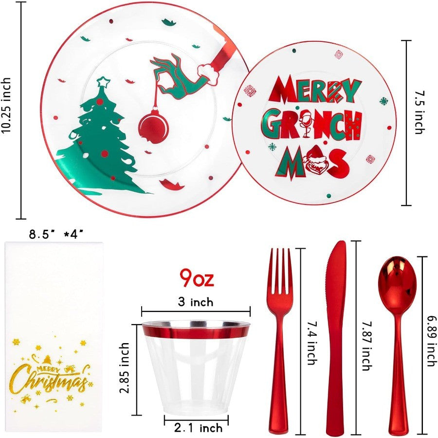 210 Peças Pratos Plásticos Transparentes Monstro Verde Conjunto Descartável de Louça de Natal Inclui 30 Pratos de Jantar, 30 Pratos de Sobremesa, 30 Garfos