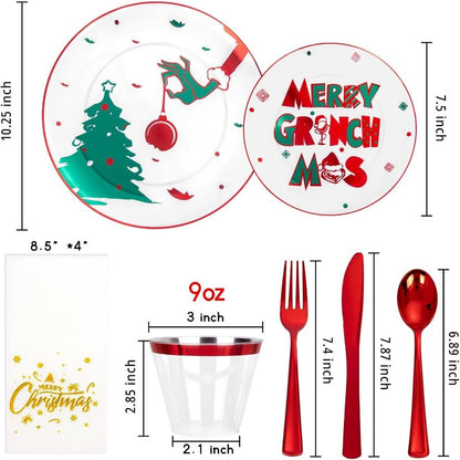 210 Peças Pratos Plásticos Transparentes Monstro Verde Conjunto Descartável de Louça de Natal Inclui 30 Pratos de Jantar, 30 Pratos de Sobremesa, 30 Garfos