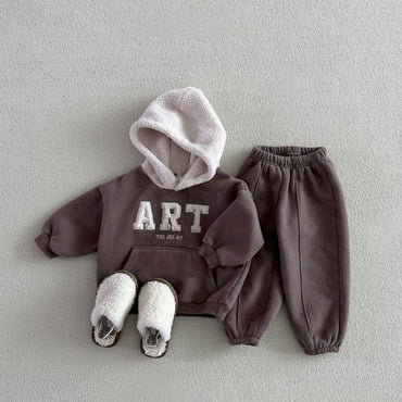 2025 Winter New Children Warm Clothes Set Boys Girls Fleece Hoodie + Pants 2pcs Suit Baby Letter Tracksuit Kids Sports Outfits