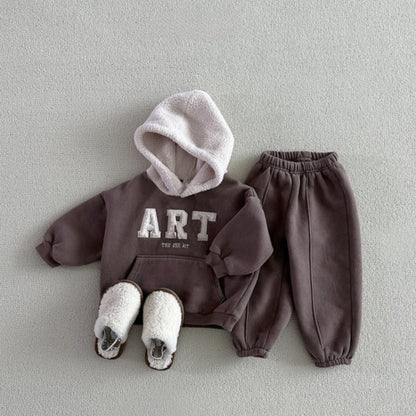 2025 Winter New Children Warm Clothes Set Boys Girls Fleece Hoodie + Pants 2pcs Suit Baby Letter Tracksuit Kids Sports Outfits