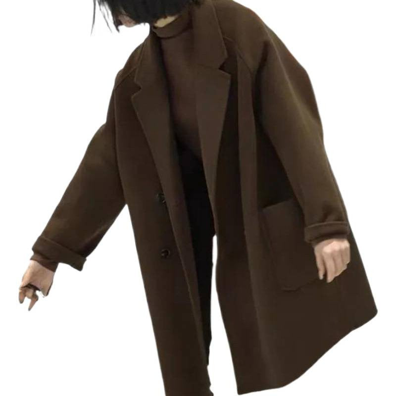 Plus Size Double-Sided Woolen Jacket Women's Midi Length Single-Breasted Loose Fit Fashionable Korean Style Suit Collar Macar...