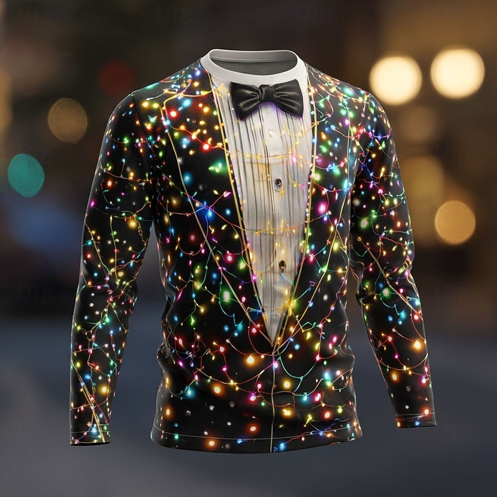 2025 Christmas Men's Christmas Costume Tuxedo T Shirt Long Sleeve T shirts 3D Print Crew Neck Shirt Daily Vacation Party Wear